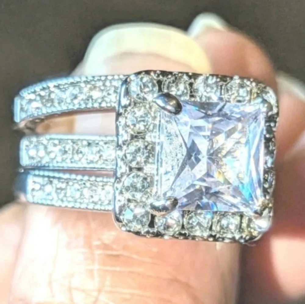 Womens 5ct Princess Cut Lab Created Diamond Halo Trio Wedding Ring Sz 7.5